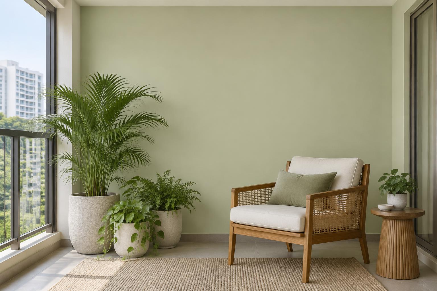 HDB sunroom with teak lounge chair and potted plants painted in Gush Lawn GR002A, showing the shade in natural Singapore daylight