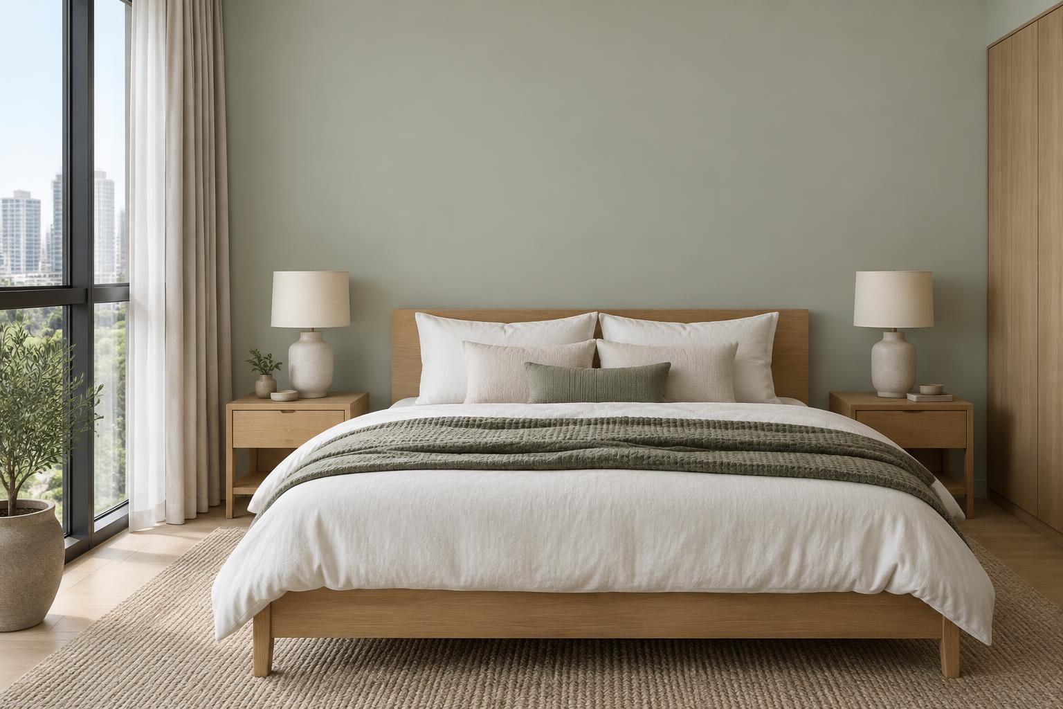 Condo bedroom with oak bed, white linen and ceramic lamps painted in Gush Wabi-wasabi GR003B, showing the shade in natural Singapore daylight