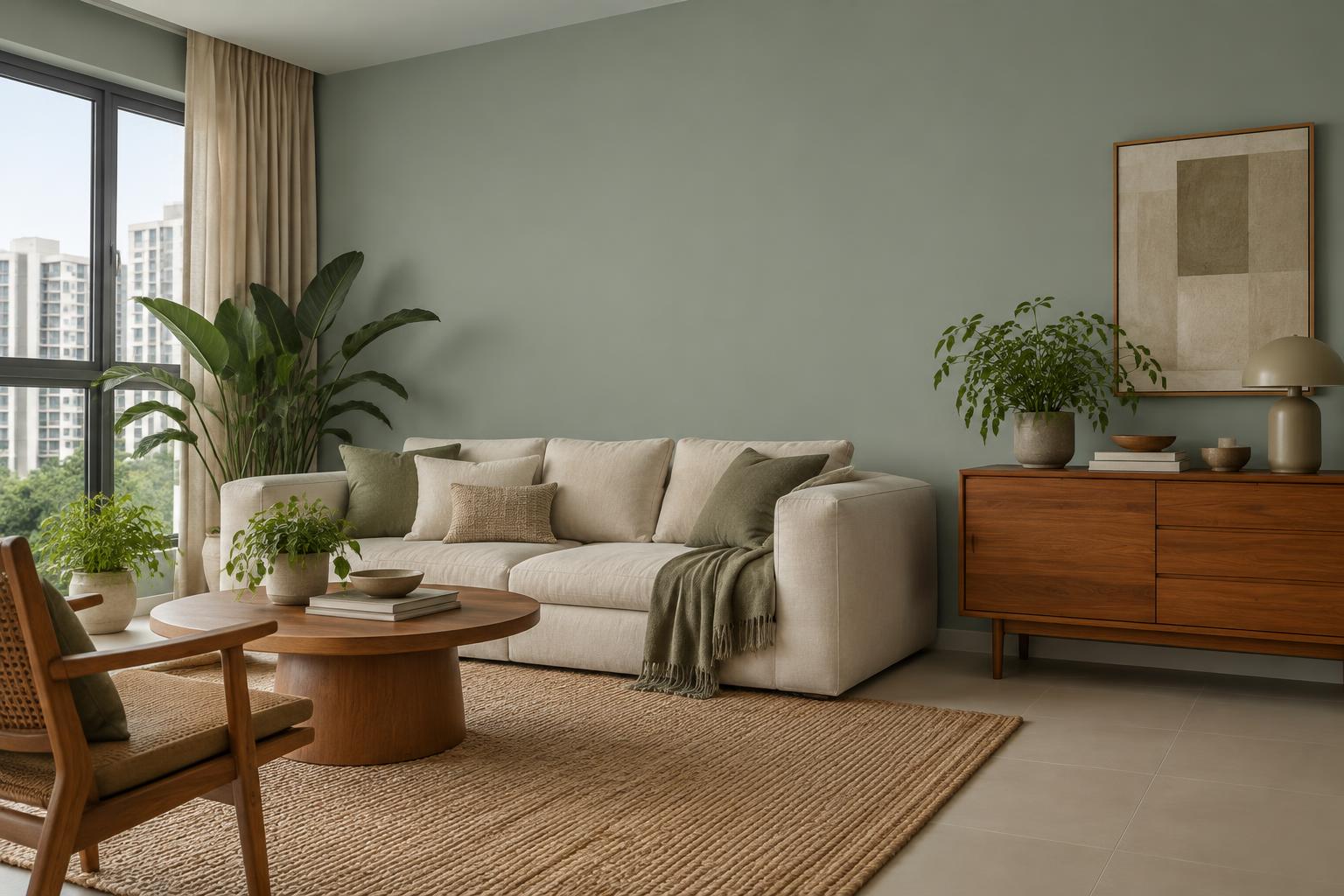 HDB living room with cream sofa and teak sideboard painted in Gush Safari GR004B, showing the shade in natural Singapore daylight
