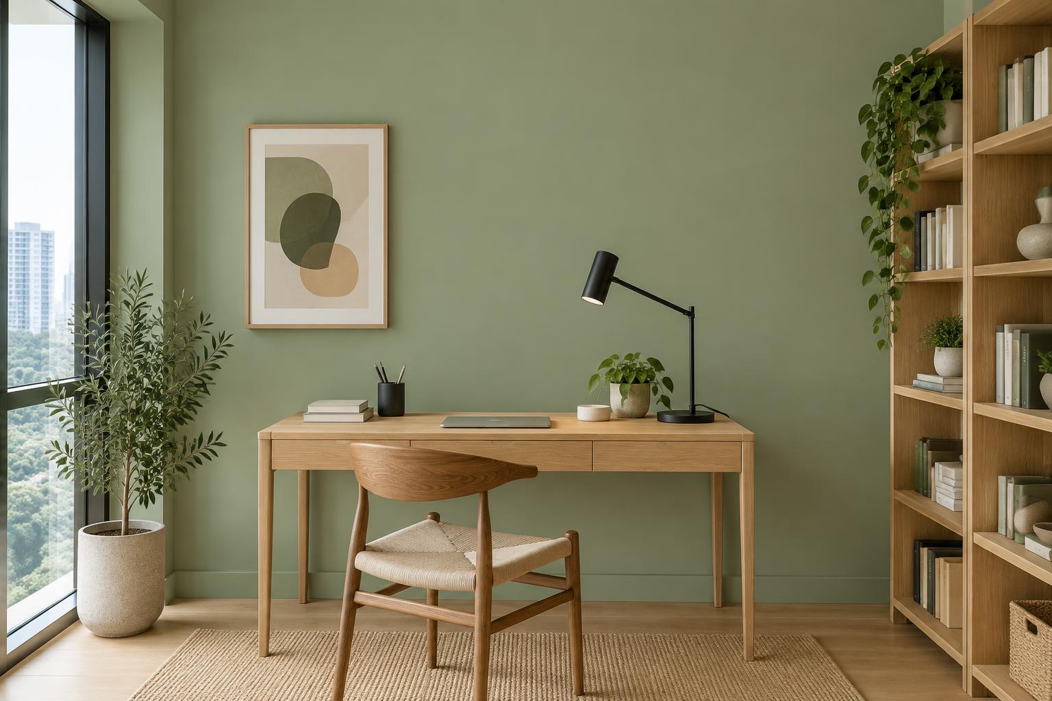 Home study with oak desk, black lamp and open shelving painted in Gush Edamame GR006C, showing the shade in natural Singapore daylight