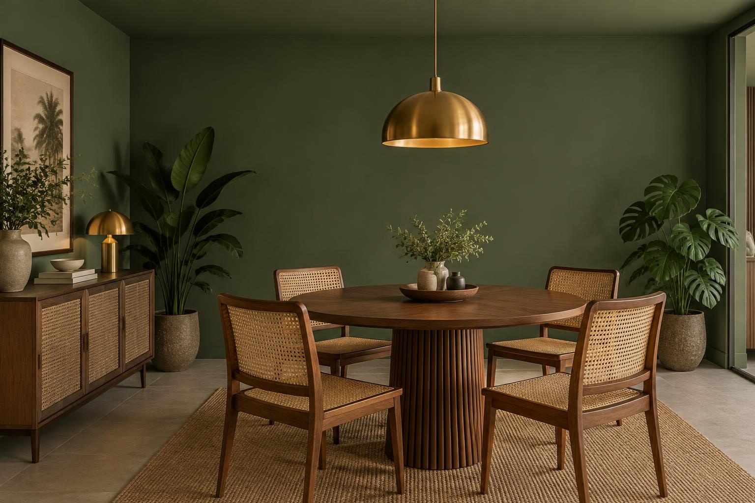 HDB dining room with walnut table, cane chairs and brass pendant painted in Gush Sunlit Sequoia GR007C, showing the shade in natural Singapore daylight