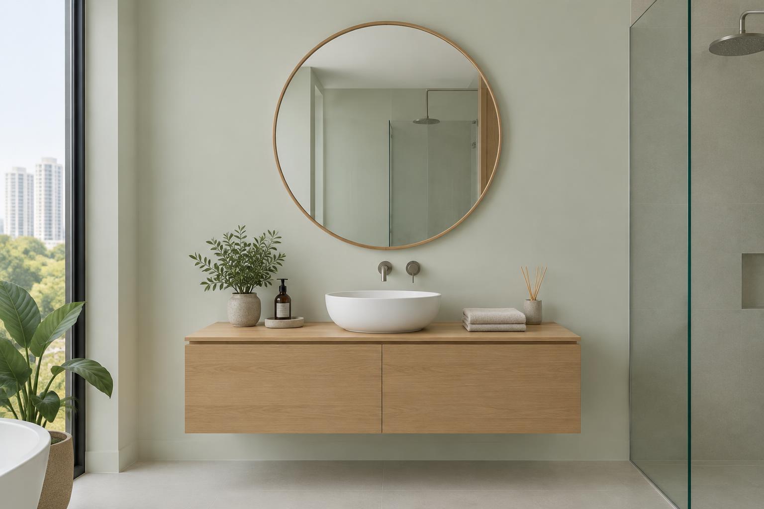 Condo bathroom with floating oak vanity and round mirror painted in Gush Aloe GR008A, showing the shade in natural Singapore daylight