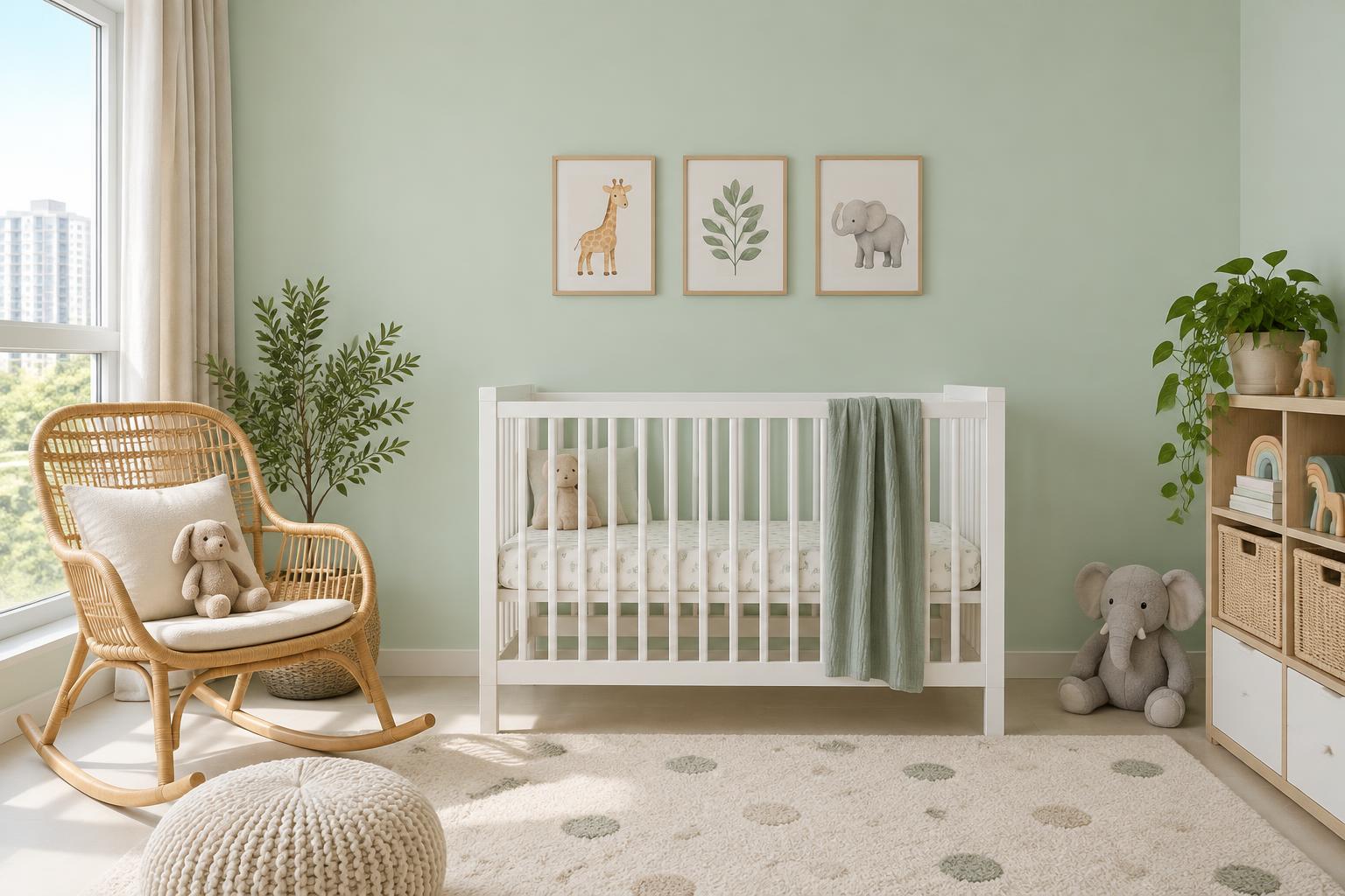 HDB nursery with white cot and rattan rocking chair painted in Gush Foliage GR009A, showing the shade in natural Singapore daylight