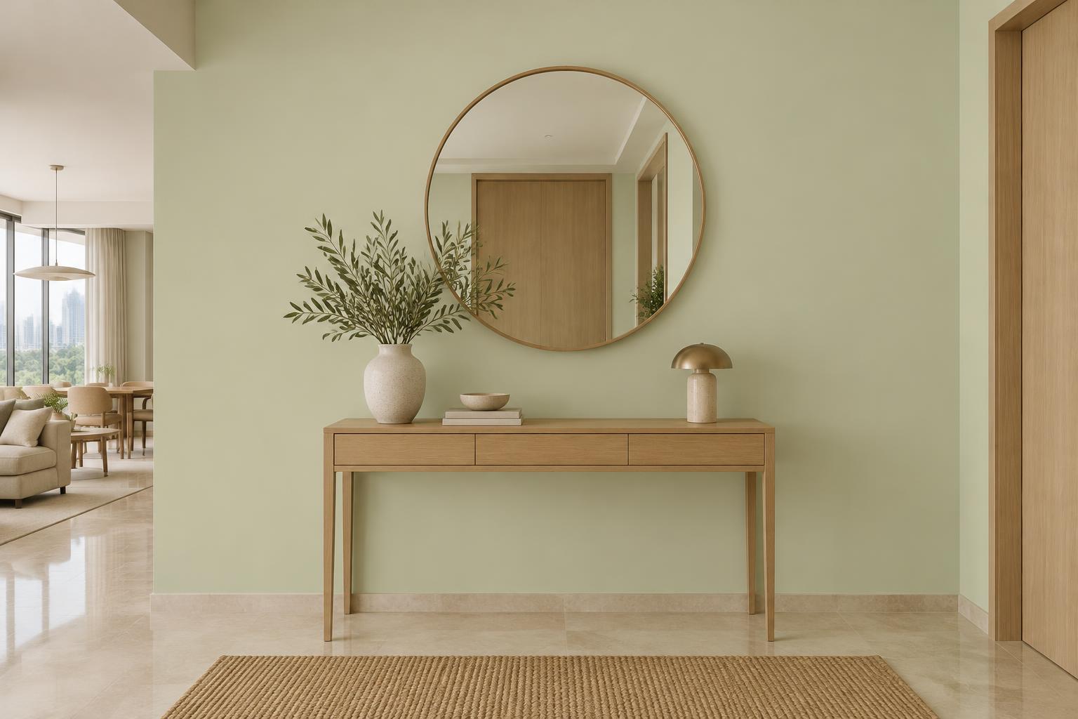 Condo entry hallway with oak console and round mirror painted in Gush Nitro GR010A, showing the shade in natural Singapore daylight