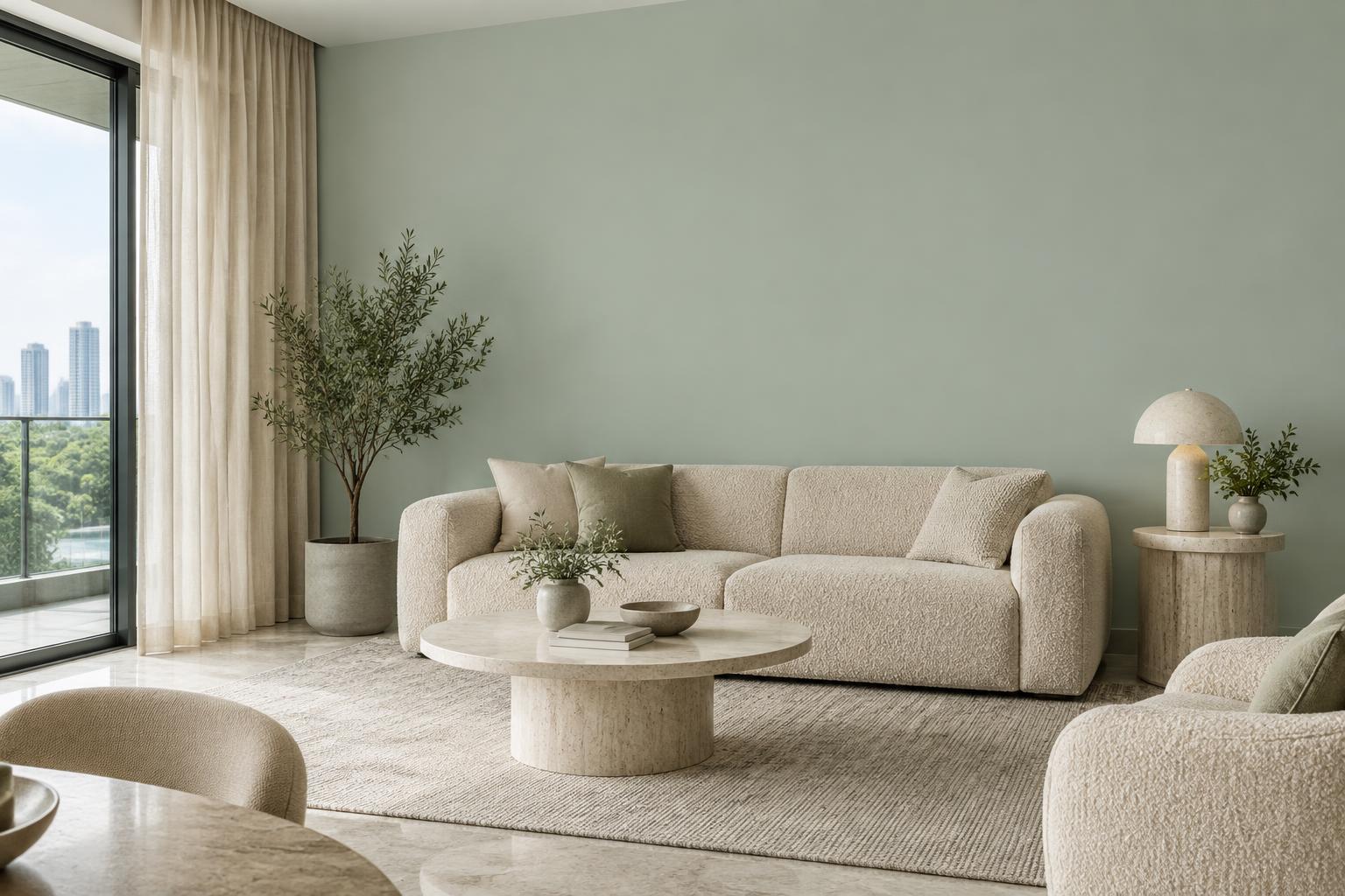 Condo living room with boucle sofa and travertine tables painted in Gush Ikigai GR011B, showing the shade in natural Singapore daylight