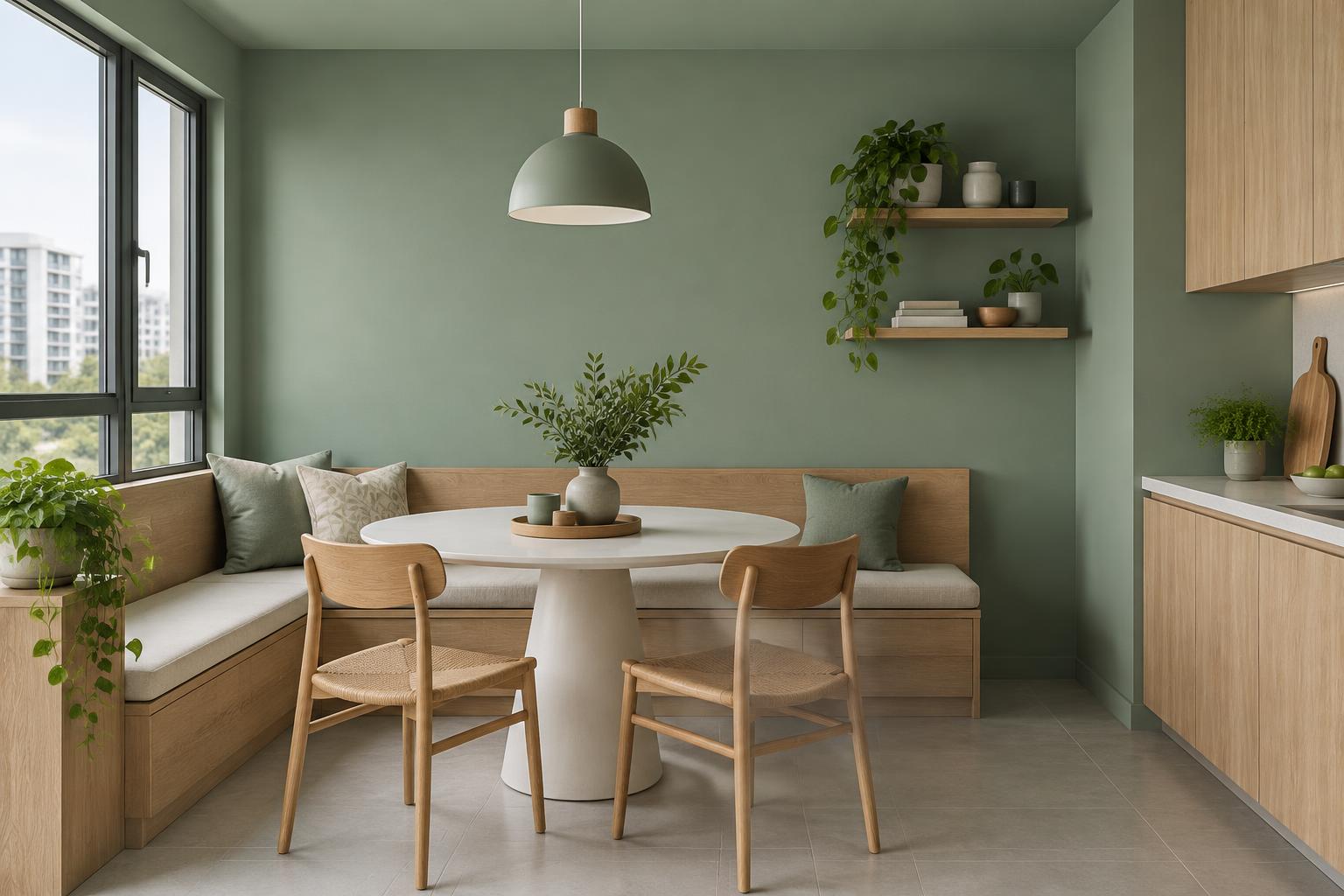 HDB kitchen dining nook with oak banquette painted in Gush Biome GR013C, showing the shade in natural Singapore daylight
