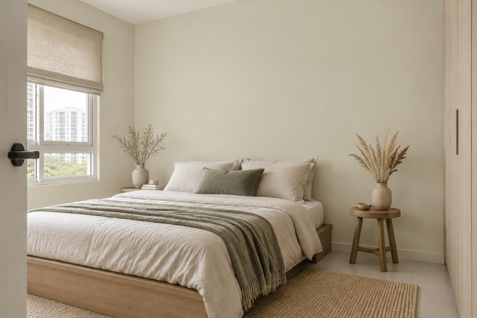 HDB guest bedroom with platform bed and dried grasses painted in Gush Sage Wand GR016A, showing the shade in natural Singapore daylight