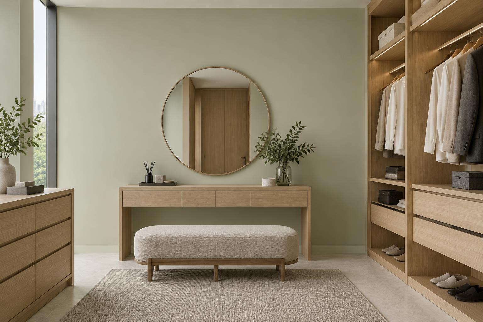 Condo walk-in wardrobe with oak dressing table and boucle bench painted in Gush Canopy GR017A, showing the shade in natural Singapore daylight