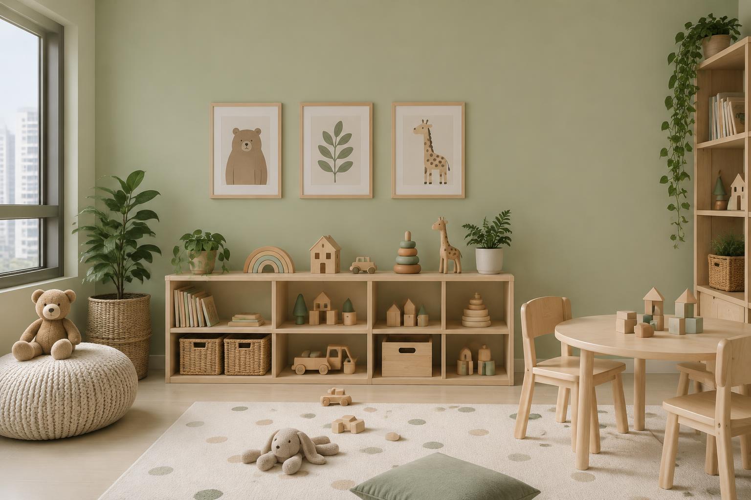 HDB children's playroom with birch shelves and a small play table painted in Gush Leapfrog GR018B, showing the shade in natural Singapore daylight