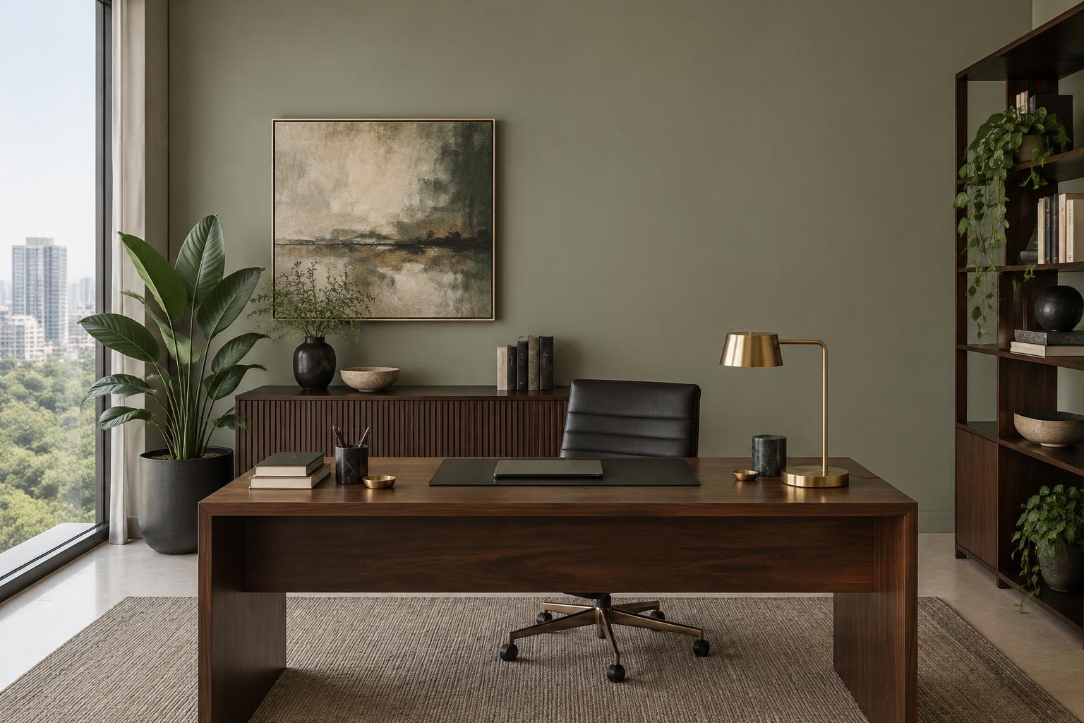 Condo home office with walnut desk and brass lamp painted in Gush Malfoy GR020B, showing the shade in natural Singapore daylight