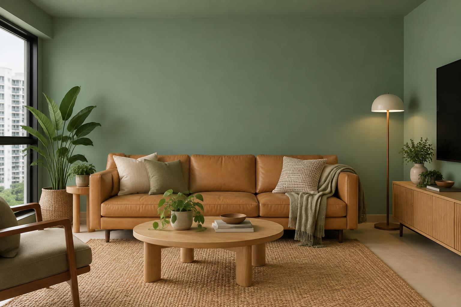 HDB living room with tan leather sofa and oak coffee table painted in Gush Second Kelpings GR021C, showing the shade in natural Singapore daylight