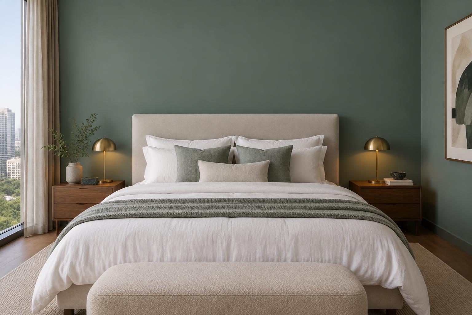 Condo master bedroom with upholstered headboard and walnut nightstands painted in Gush Sweet Spot GR022C, showing the shade in natural Singapore daylight