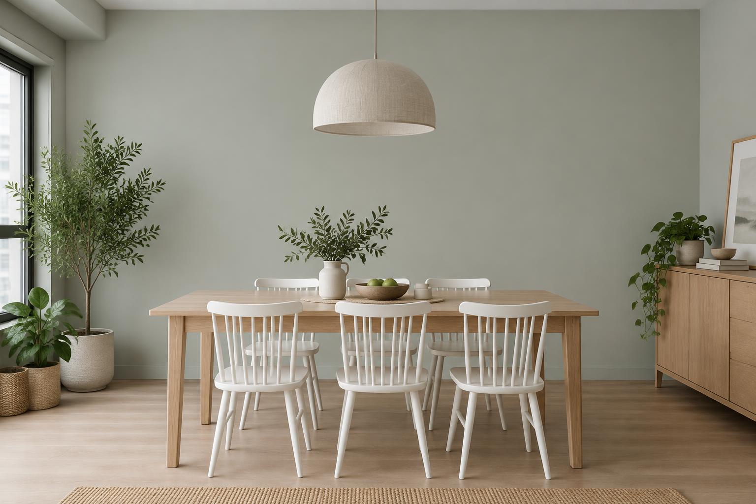 HDB dining room with oak table and white spindle chairs painted in Gush Yosemite GR023B, showing the shade in natural Singapore daylight