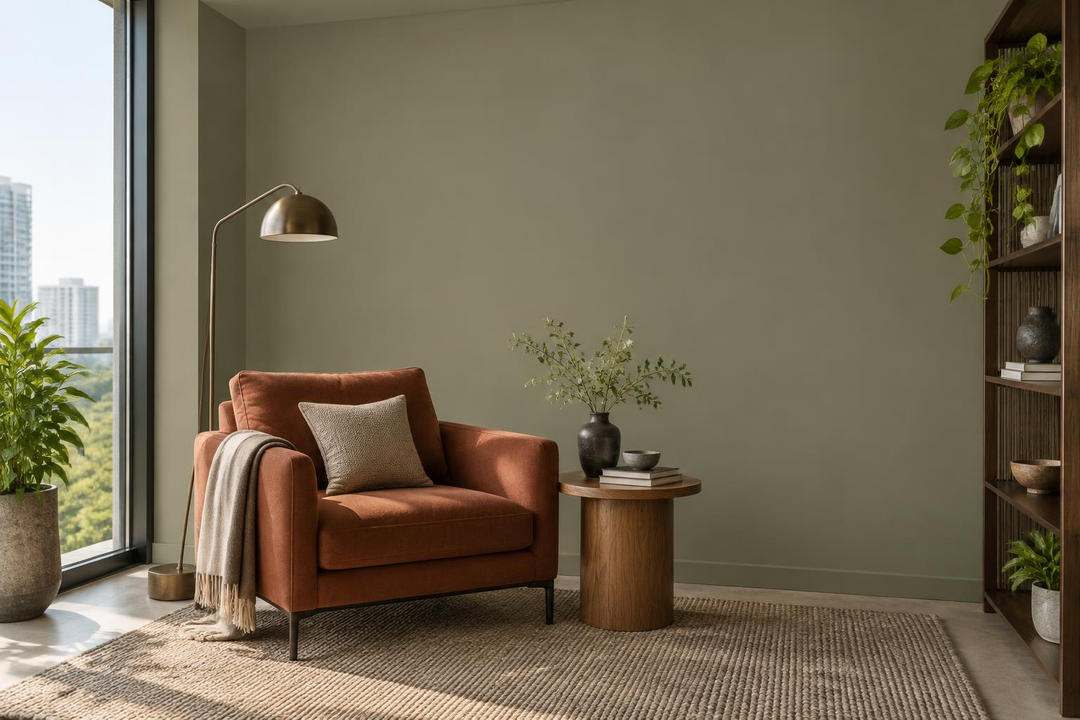 Condo reading corner with rust armchair and brass floor lamp painted in Gush Forest Bather GR025C, showing the shade in natural Singapore daylight