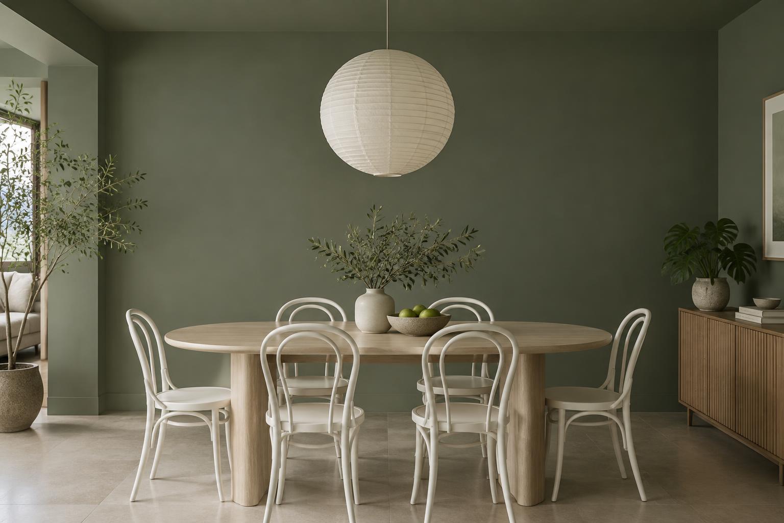 HDB dining room with oval ash table and paper lantern painted in Gush Goddess GR026C, showing the shade in natural Singapore daylight