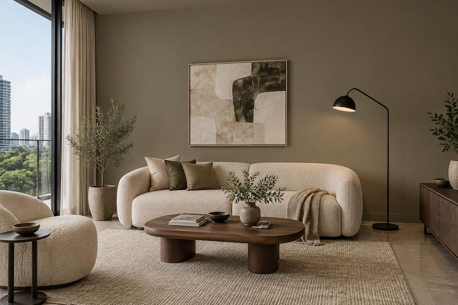 Condo living room with boucle sofa and walnut coffee table painted in Gush Kawaguchi GR027C, showing the shade in natural Singapore daylight