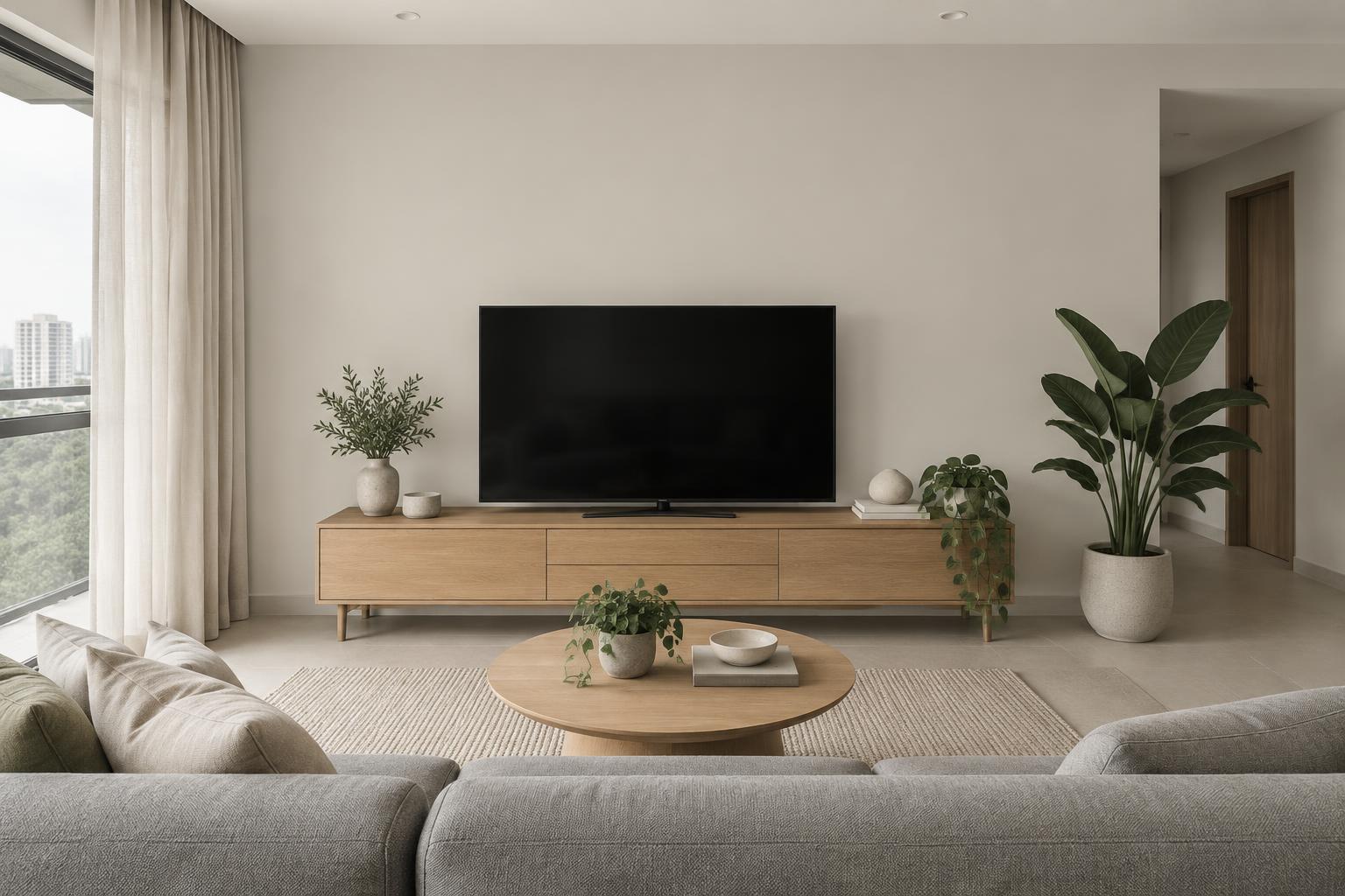 HDB living room with grey sofa and oak TV console painted in Gush Old Soul NE001A, showing the shade in natural Singapore daylight