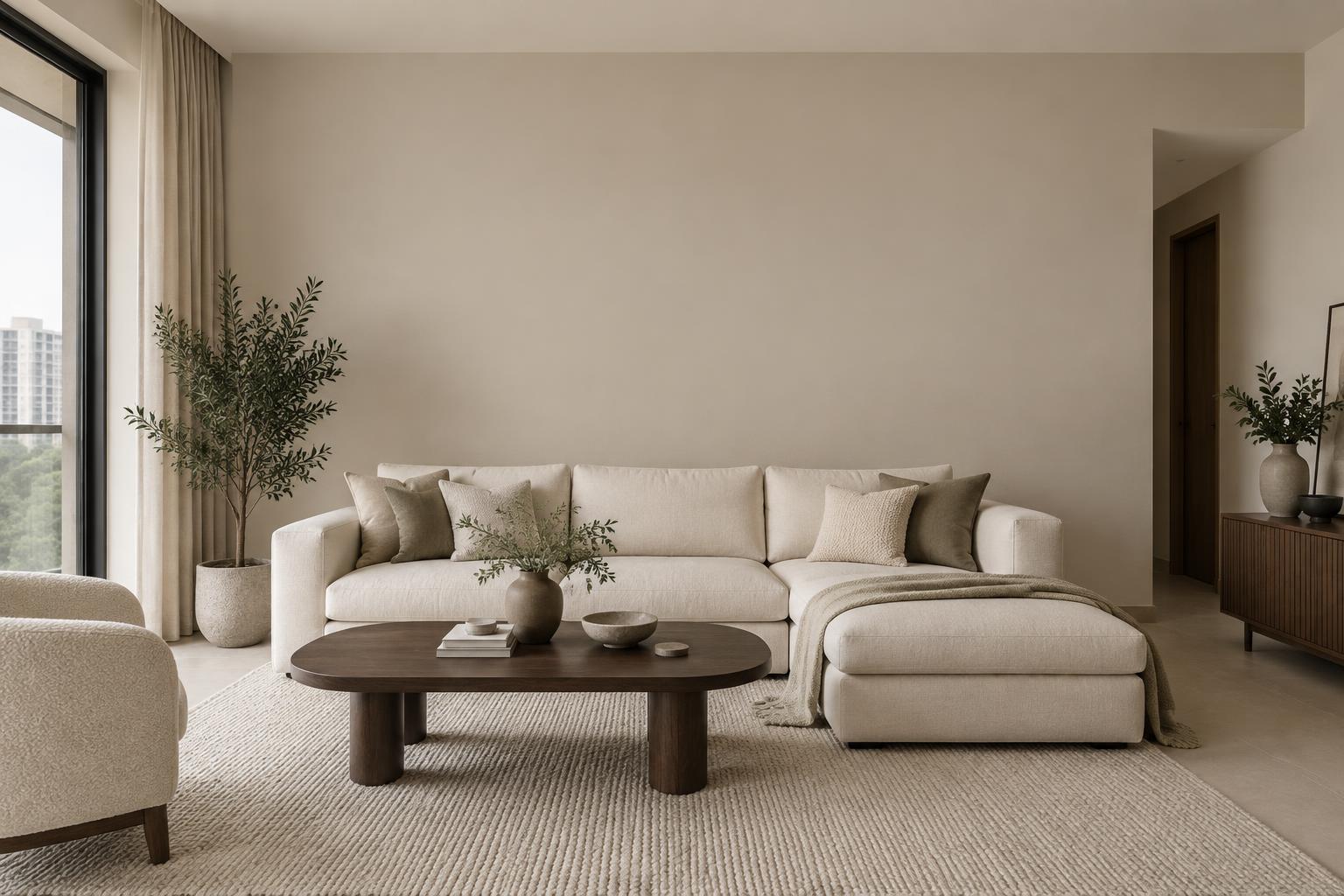 HDB living room with ivory sectional and dark oak coffee table painted in Gush Citadel NE003B, showing the shade in natural Singapore daylight