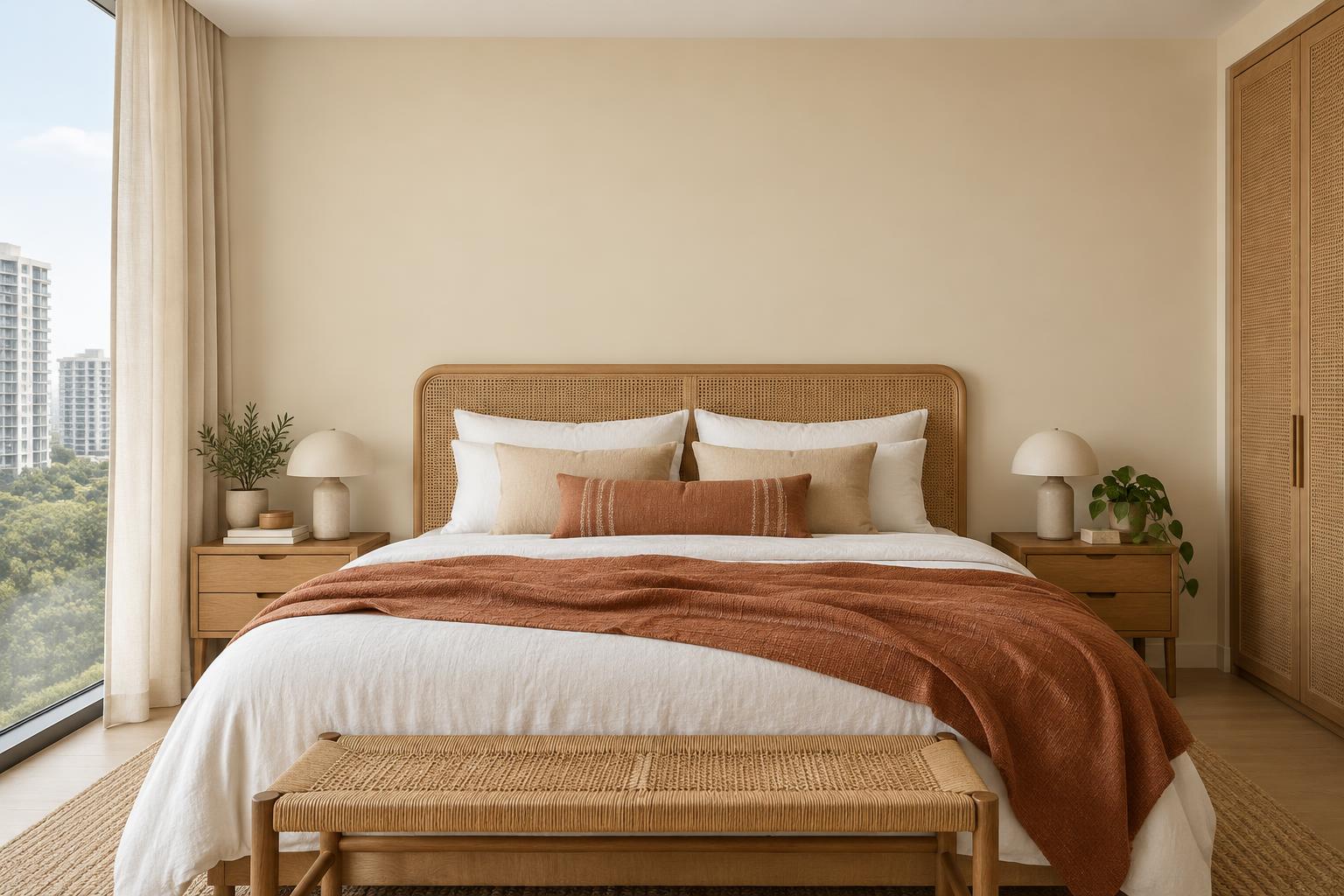 Condo master bedroom with cane headboard and terracotta throw painted in Gush Nudiesuit NE004B, showing the shade in natural Singapore daylight