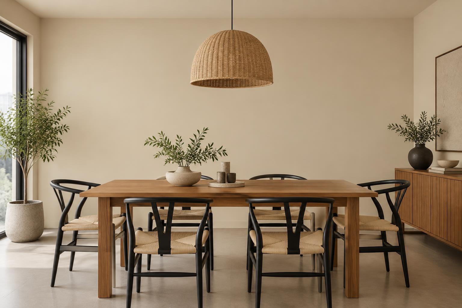 HDB dining room with teak table and black wishbone chairs painted in Gush Sandy Mandy NE005B, showing the shade in natural Singapore daylight