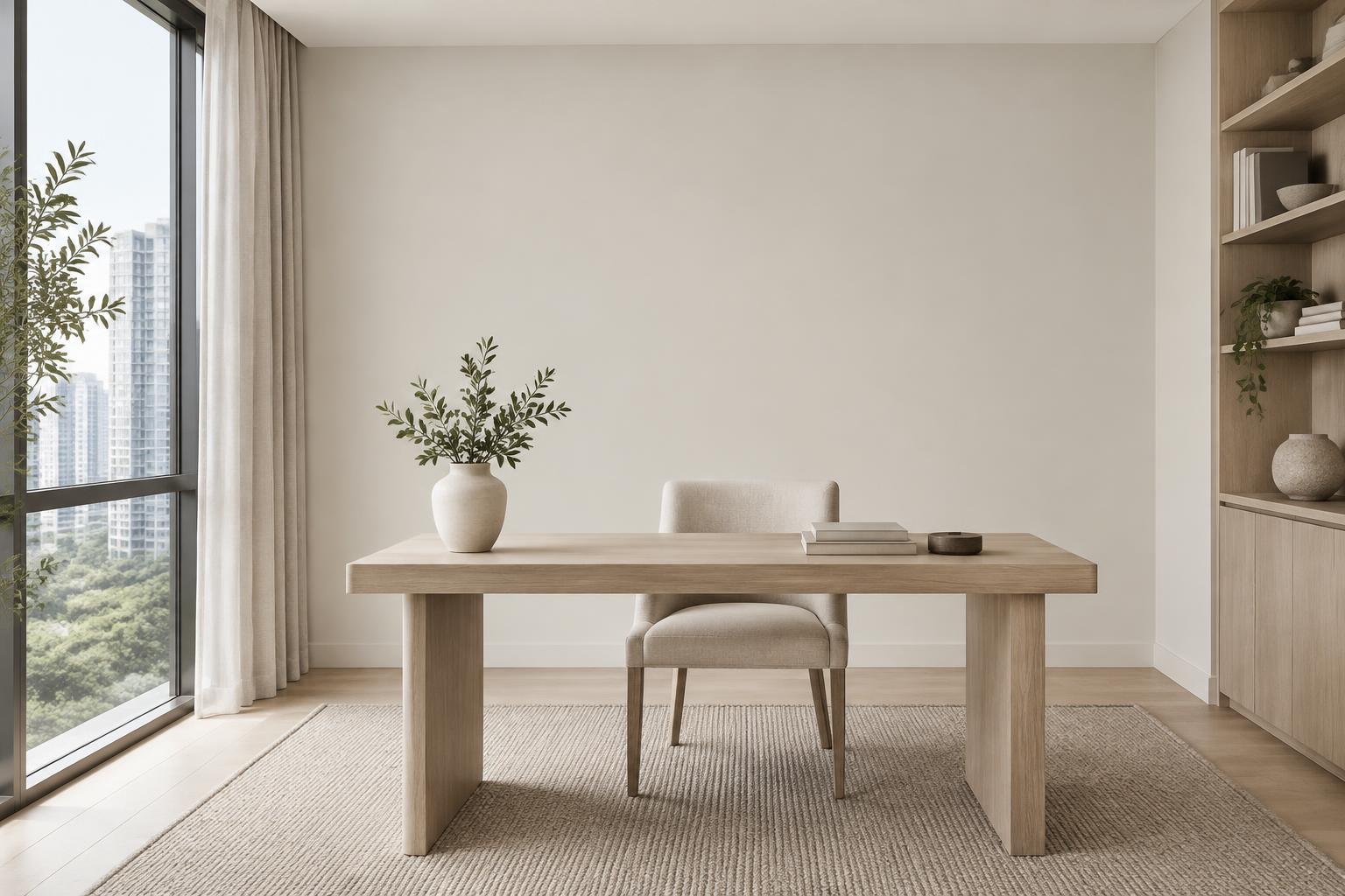 Condo home study with white oak desk and linen chair painted in Gush Sera NE006B, showing the shade in natural Singapore daylight