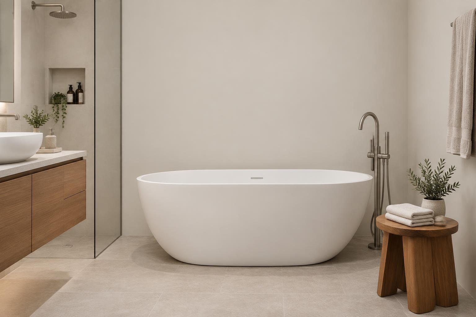 HDB bathroom with freestanding tub and teak stool painted in Gush Astaire NE007B, showing the shade in natural Singapore daylight