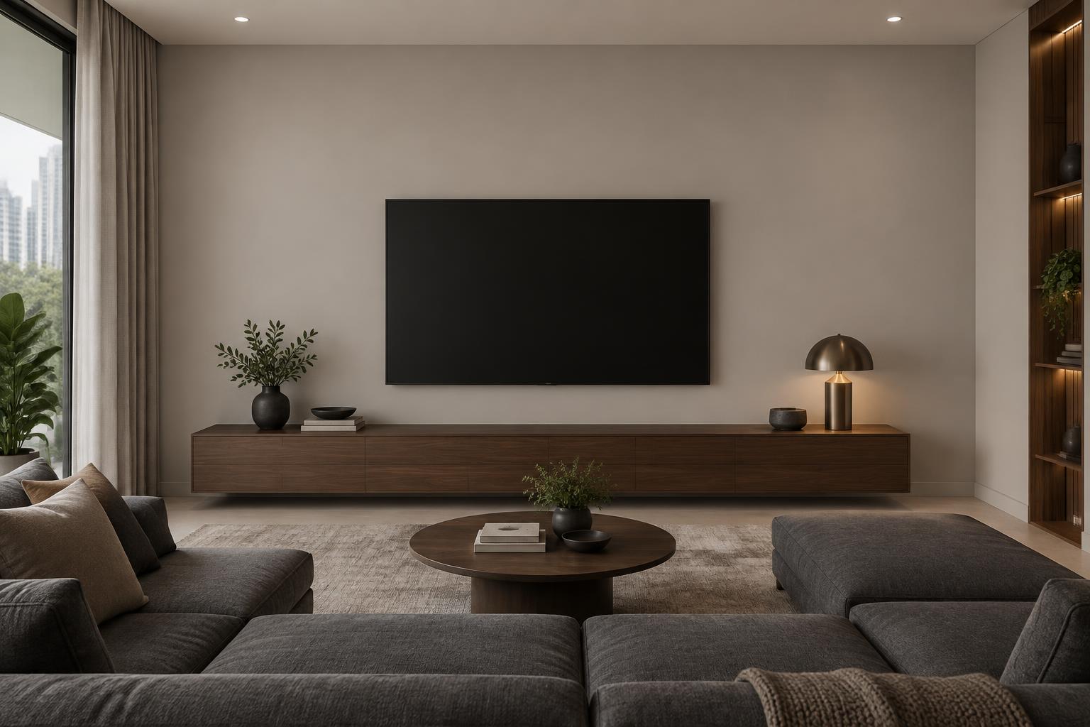 Condo media room with charcoal sofa and walnut console painted in Gush Calling NE008B, showing the shade in natural Singapore daylight