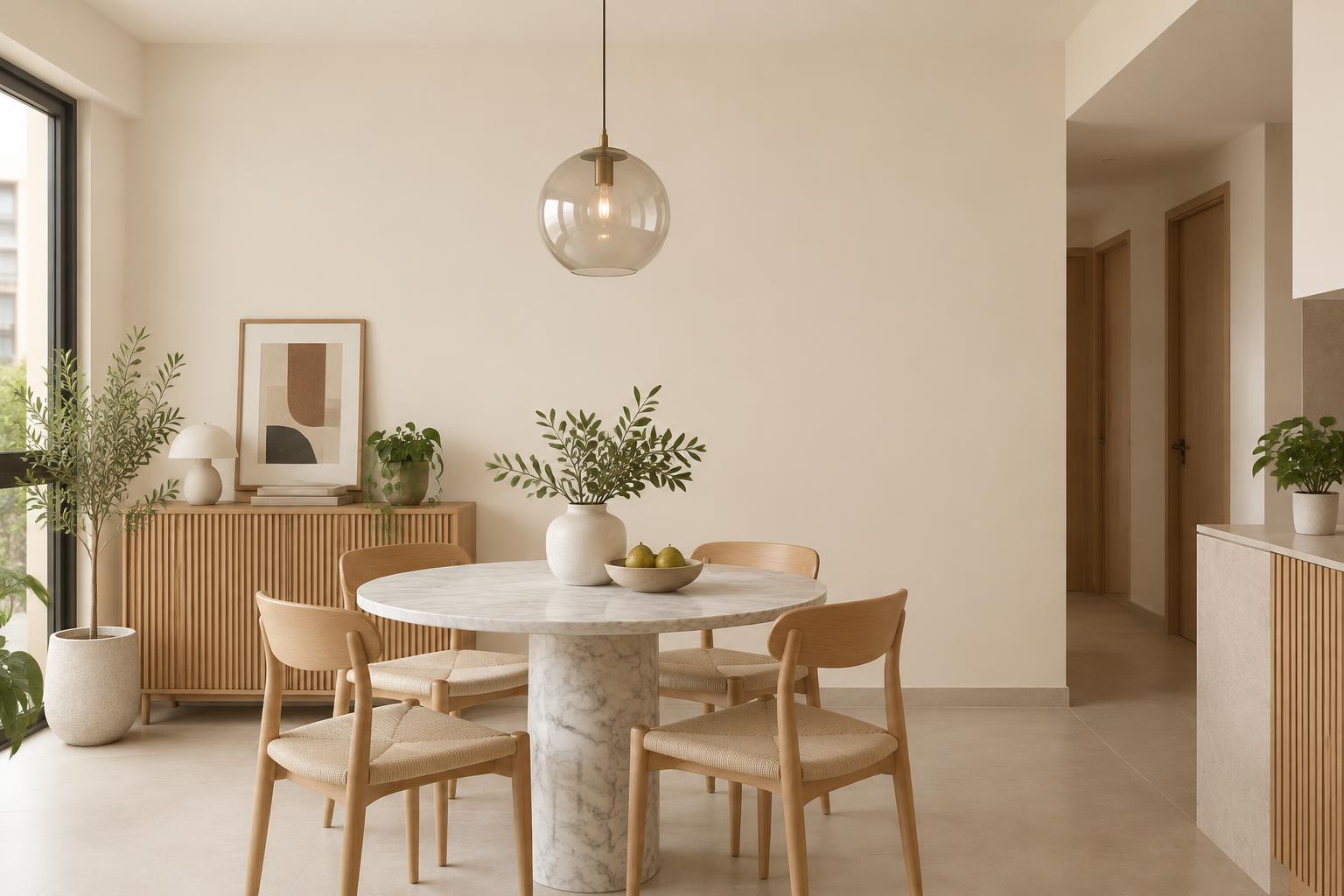 HDB dining nook with marble table and beech chairs painted in Gush Locket NE009A, showing the shade in natural Singapore daylight