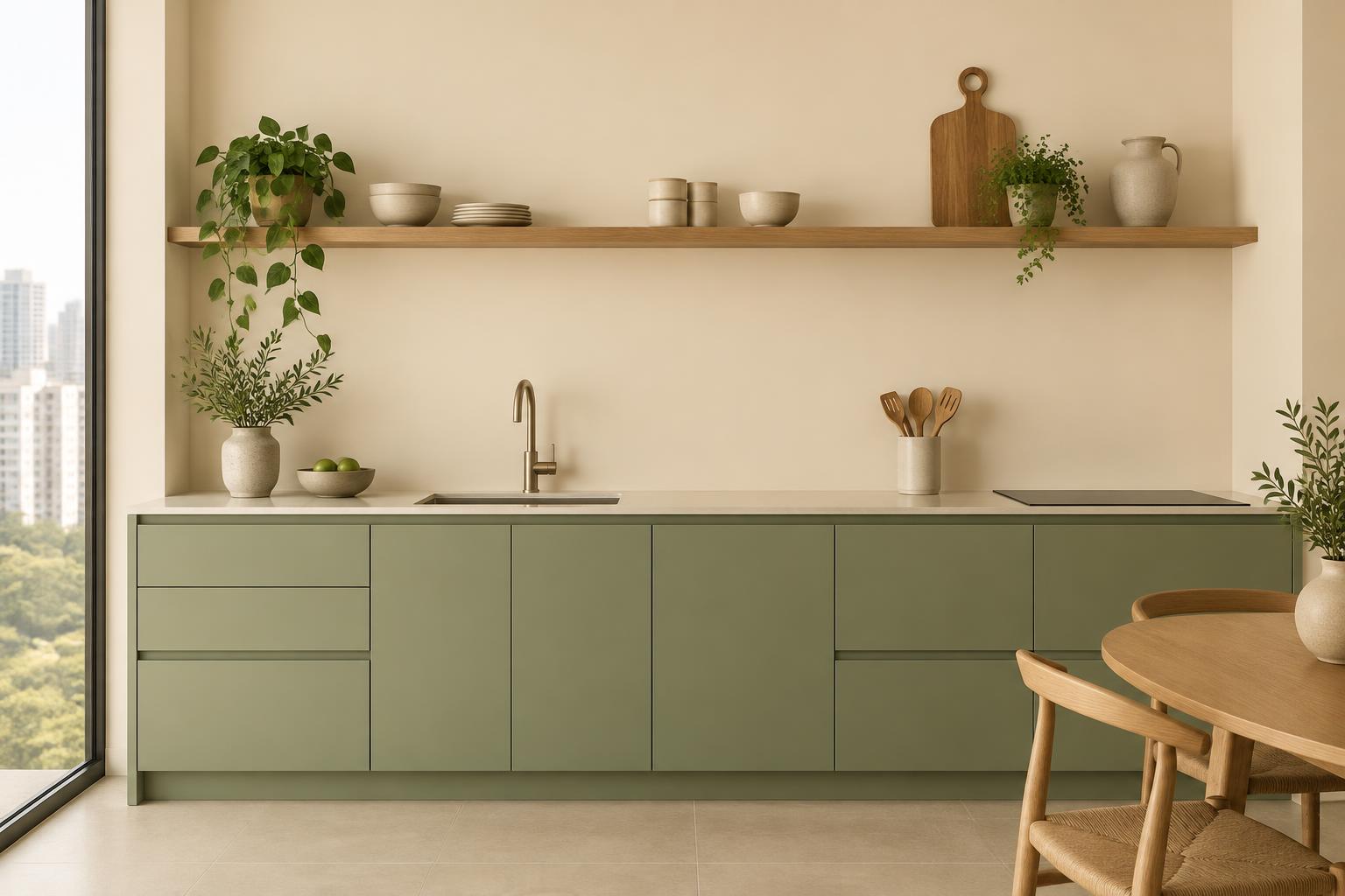 Condo kitchen with sage cabinets and oak open shelf painted in Gush Cupcake NE010A, showing the shade in natural Singapore daylight