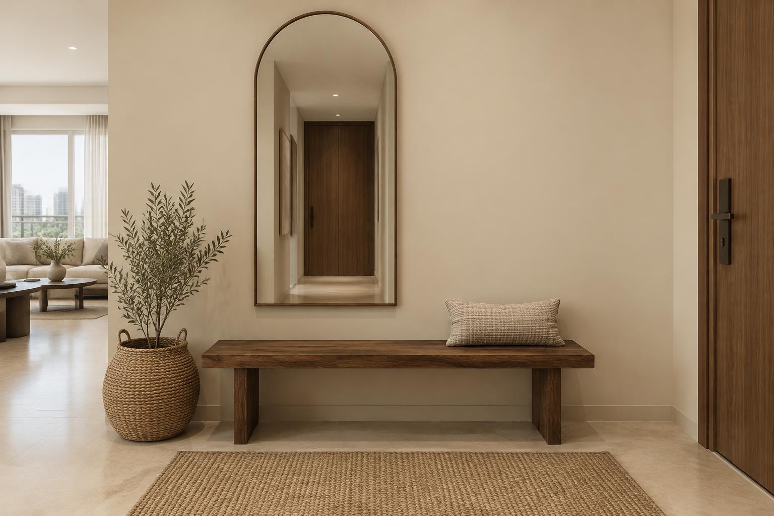 Condo entry foyer with walnut bench and arched mirror painted in Gush Compass NE013B, showing the shade in natural Singapore daylight
