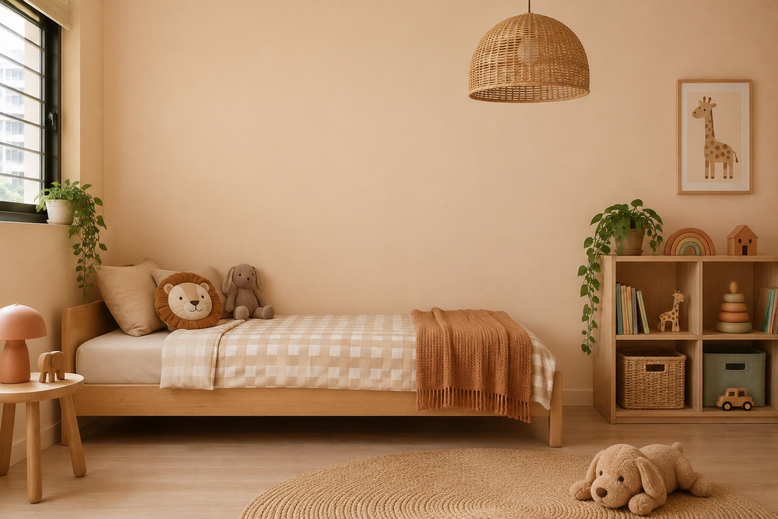 HDB kids' bedroom with wooden bed and rattan pendant painted in Gush Retriever NE014B, showing the shade in natural Singapore daylight