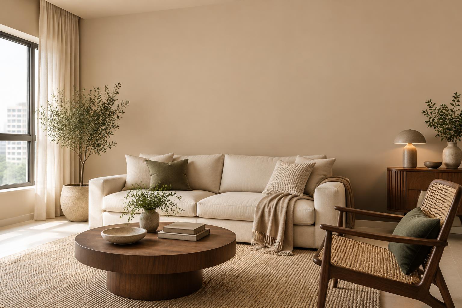 HDB living room with cream sofa and cane armchair painted in Gush Coffee Beam NE015B, showing the shade in natural Singapore daylight