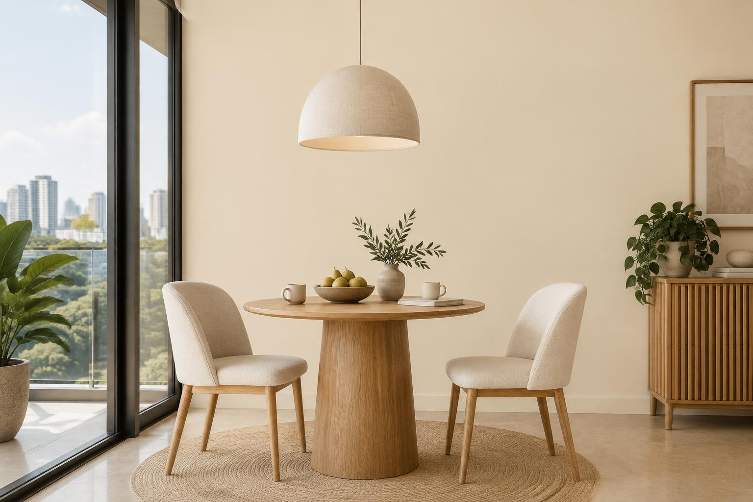 Condo breakfast nook with round oak table painted in Gush Cereal Killers NE016A, showing the shade in natural Singapore daylight