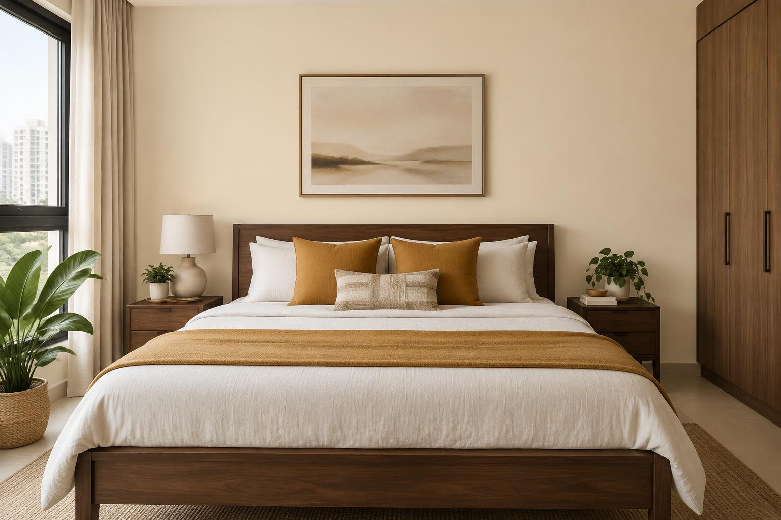 HDB master bedroom with dark teak bed and ochre cushions painted in Gush Chariot NE017A, showing the shade in natural Singapore daylight
