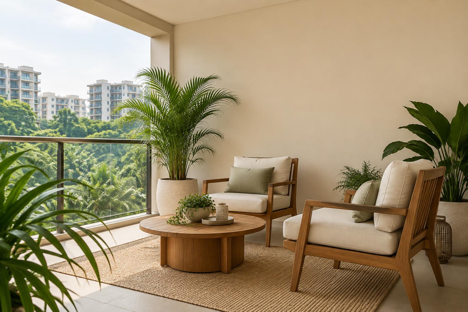 Condo balcony lounge with teak chairs and palms painted in Gush Bask NE018A, showing the shade in natural Singapore daylight