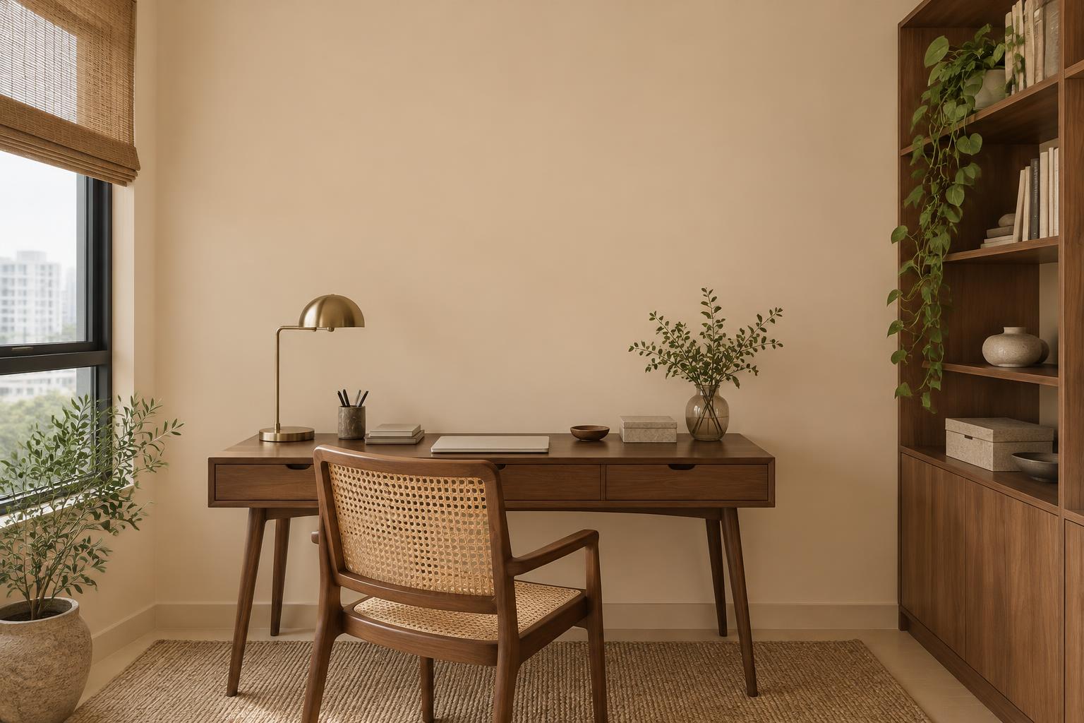HDB study with walnut desk and cane chair painted in Gush Malik NE019B, showing the shade in natural Singapore daylight