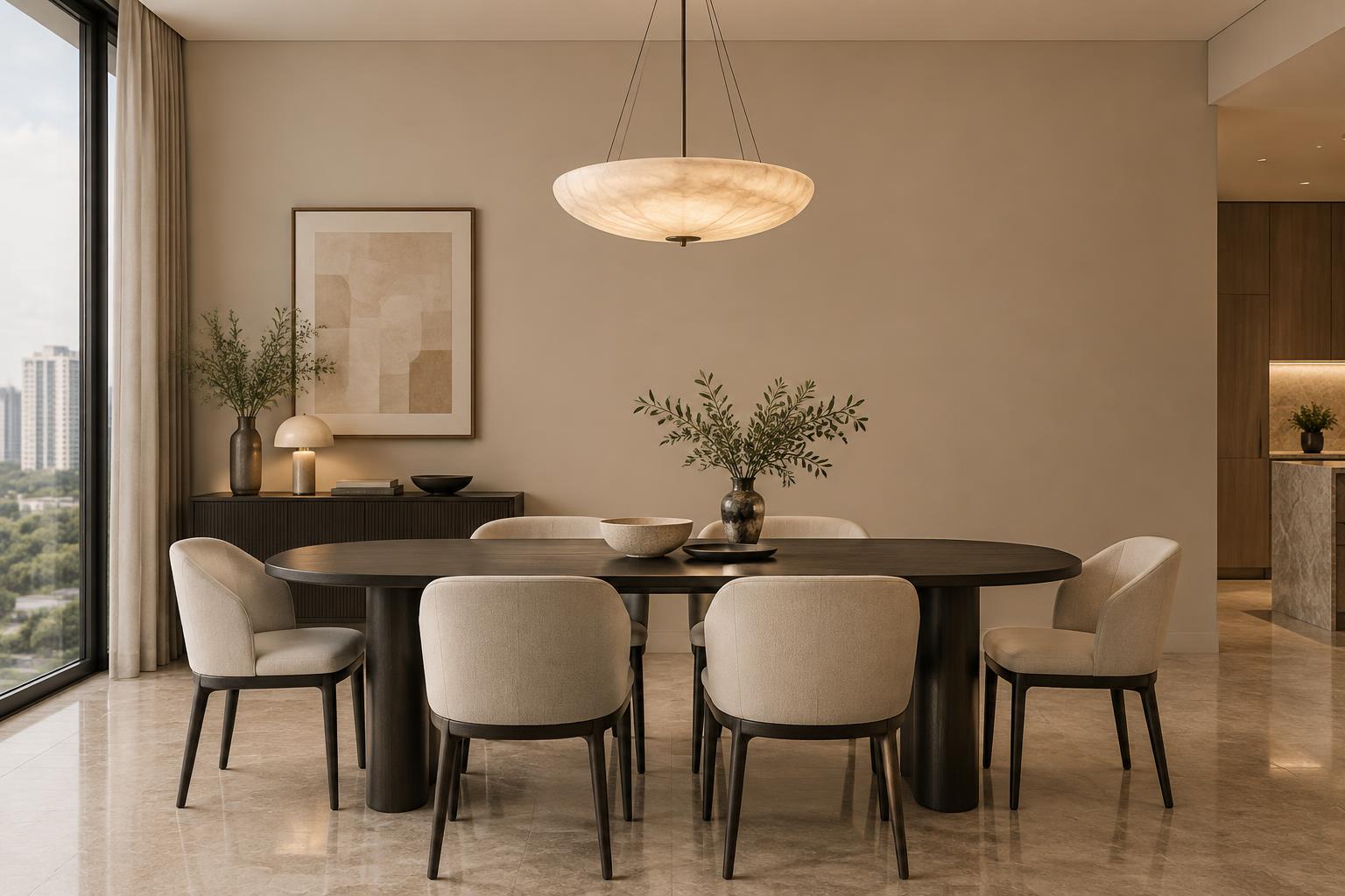 Condo dining room with black oak table and alabaster pendant painted in Gush Instinct NE020B, showing the shade in natural Singapore daylight