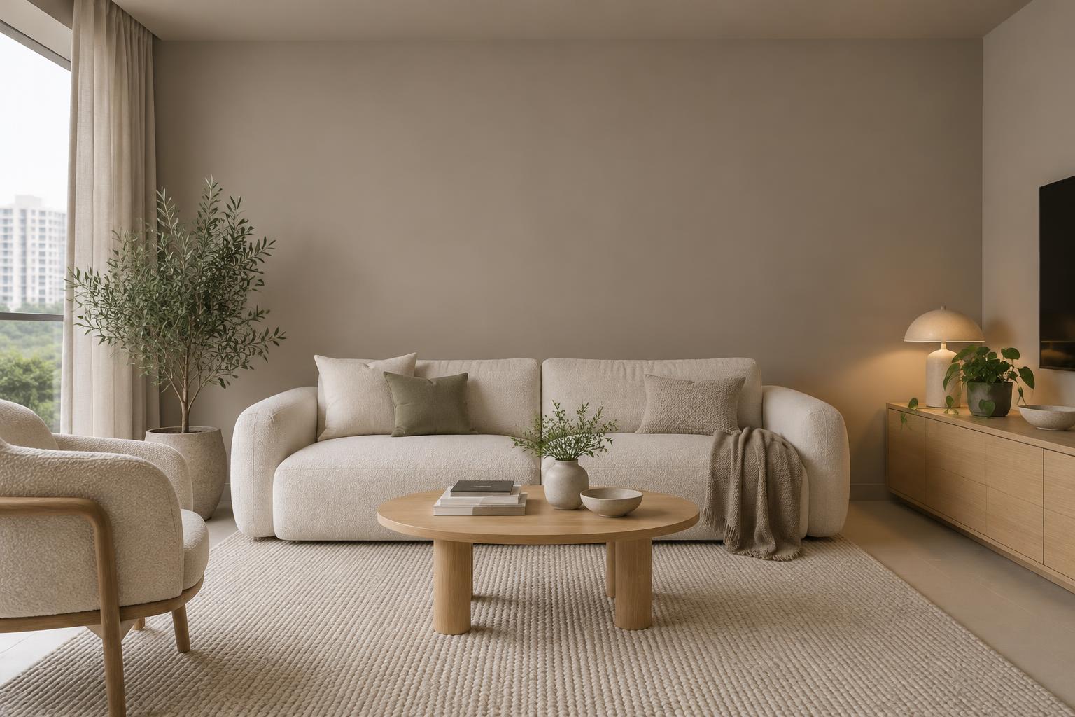 HDB living room with boucle sofa and oak coffee table painted in Gush Java Jive NE021C, showing the shade in natural Singapore daylight