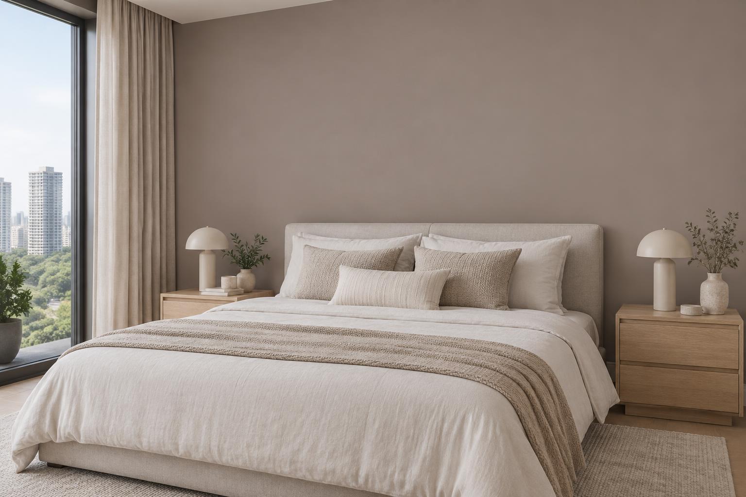 Condo bedroom with upholstered bed and pale oak nightstands painted in Gush Tectonic NE022C, showing the shade in natural Singapore daylight