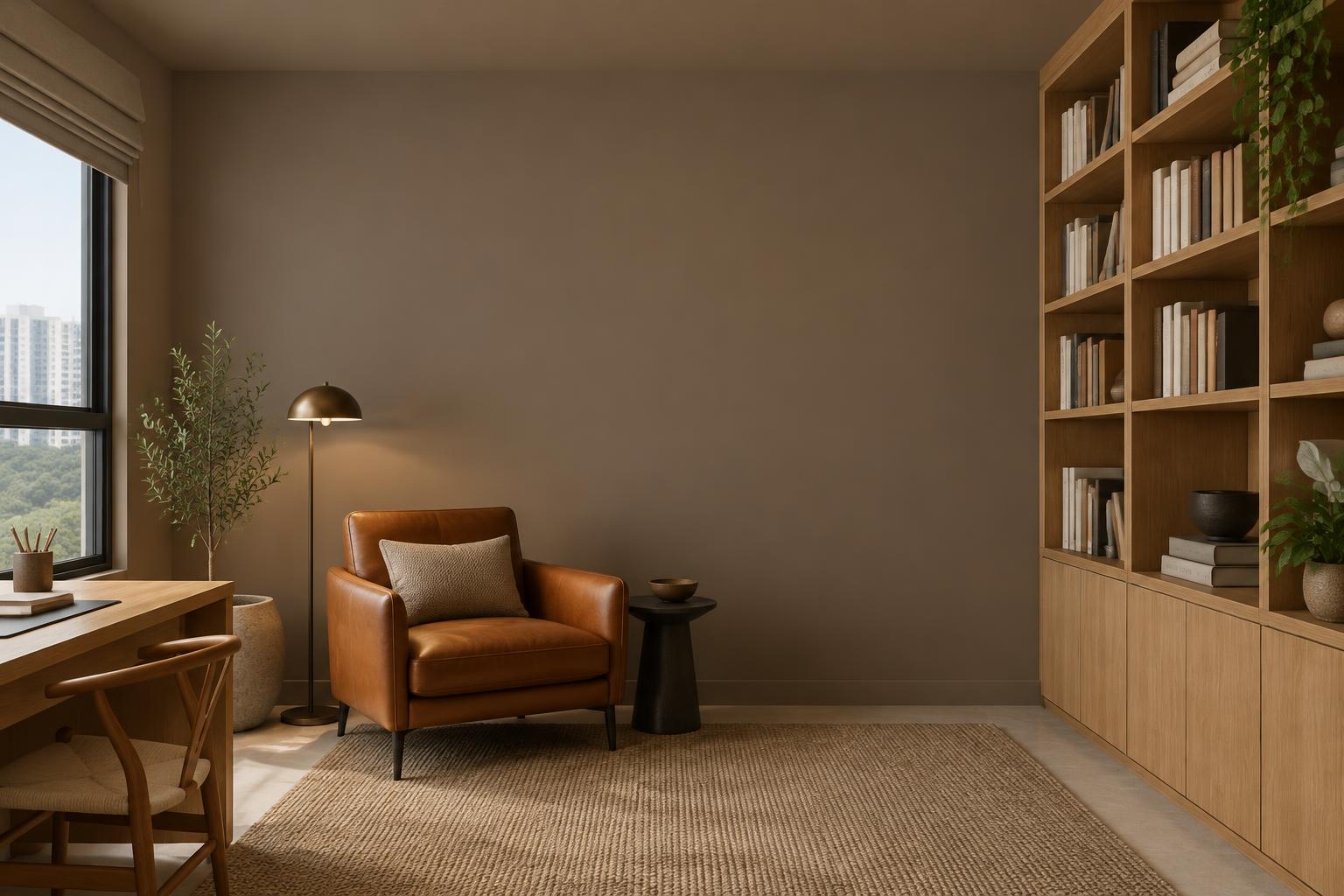 HDB study library with cognac leather armchair painted in Gush Cookie Dusting NE023C, showing the shade in natural Singapore daylight