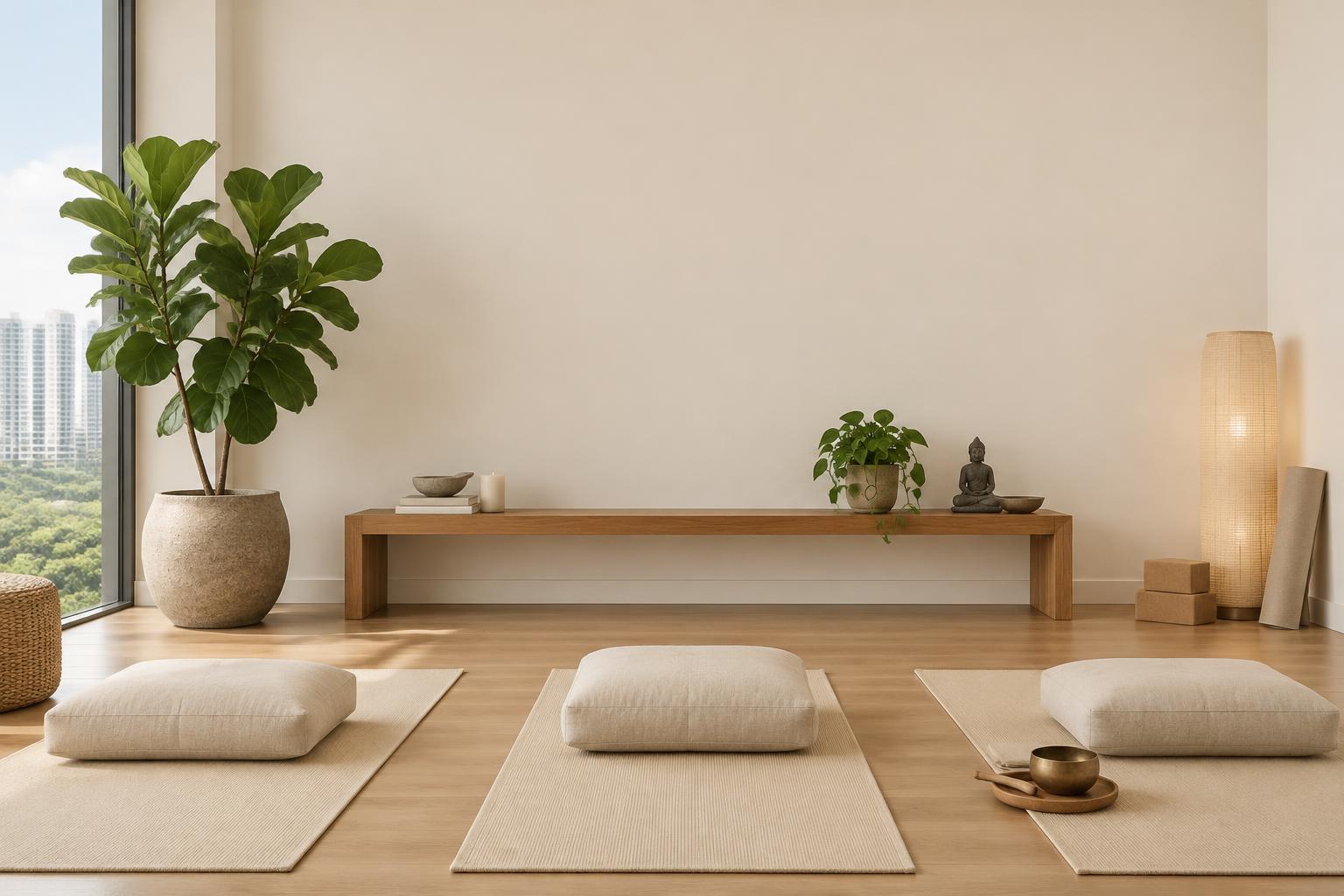 Condo meditation room with floor cushions and teak bench painted in Gush Prana NE024A, showing the shade in natural Singapore daylight