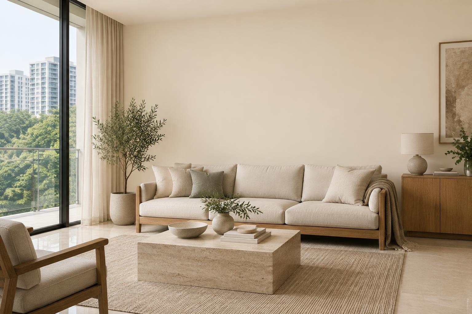 Condo living room with oak-frame sofa and travertine table painted in Gush Between NE025A, showing the shade in natural Singapore daylight