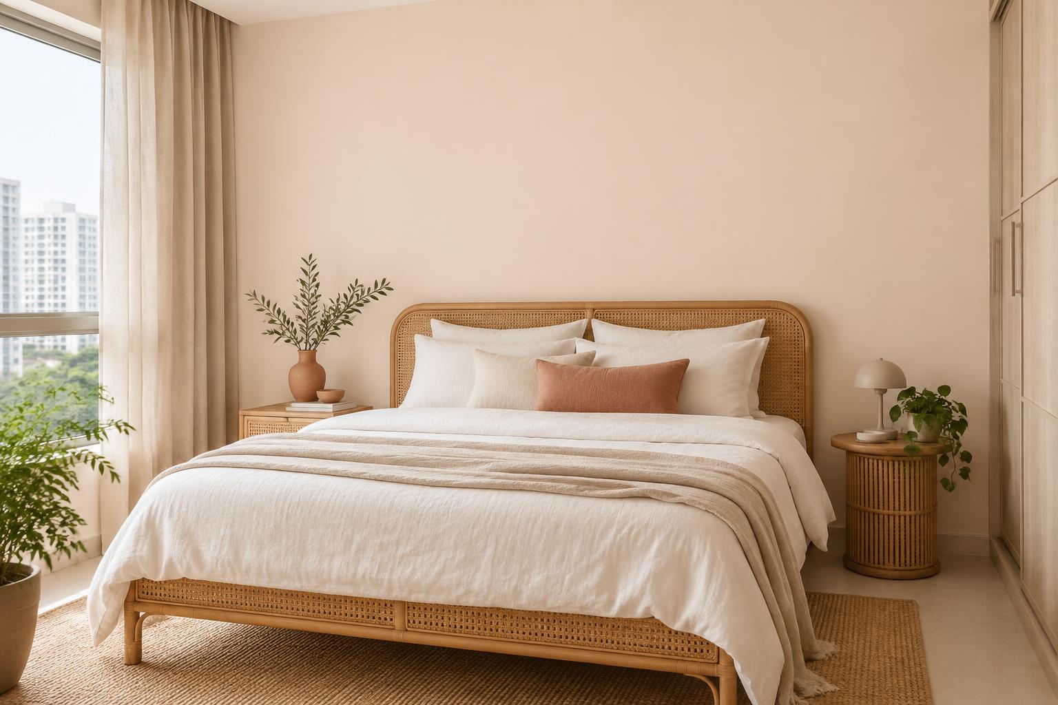 HDB bedroom with rattan bed and clay vase painted in Gush Kubu NE026A, showing the shade in natural Singapore daylight