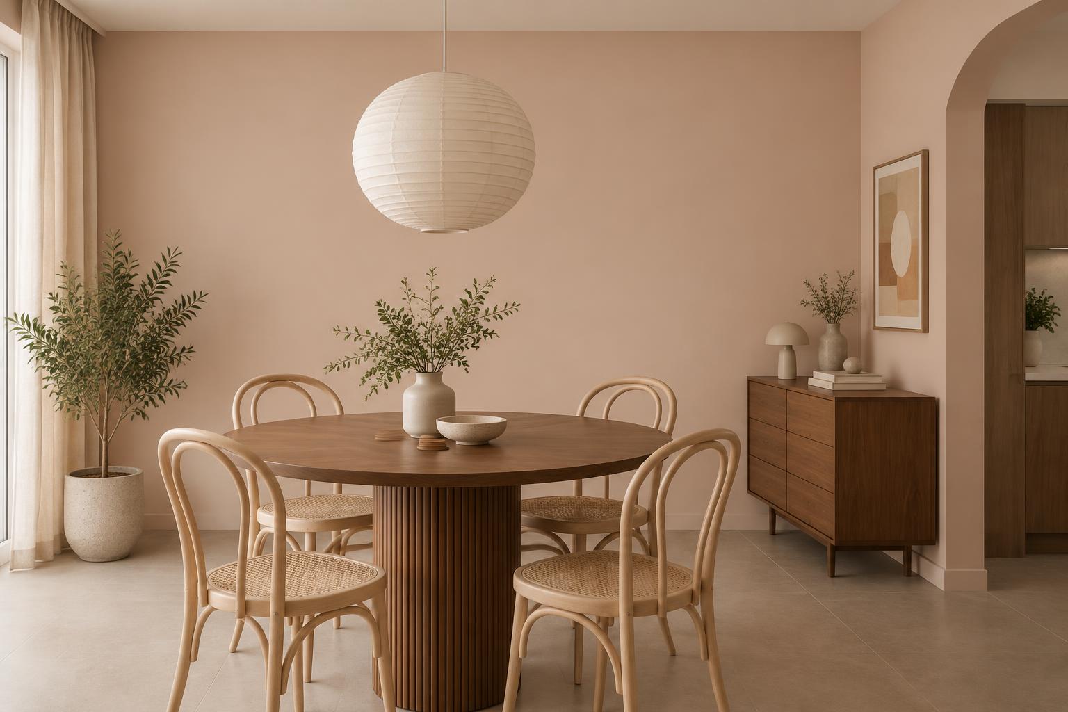 HDB dining room with walnut table and bentwood chairs painted in Gush Penyet NE027B, showing the shade in natural Singapore daylight