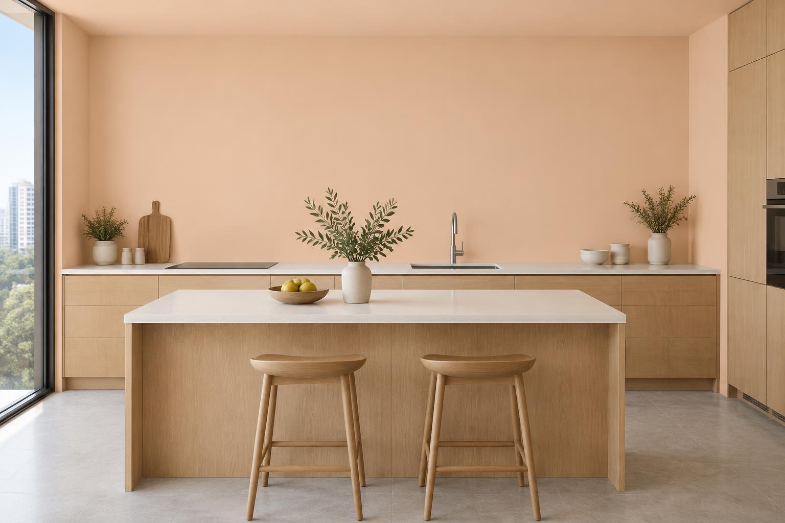 Condo kitchen with oak island and white counters painted in Gush Breadwinner NE028B, showing the shade in natural Singapore daylight