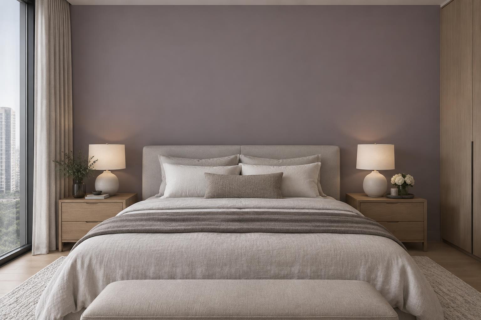 Condo bedroom with grey linen bed and oak nightstands painted in Gush Snuggle NE033C, showing the shade in natural Singapore daylight