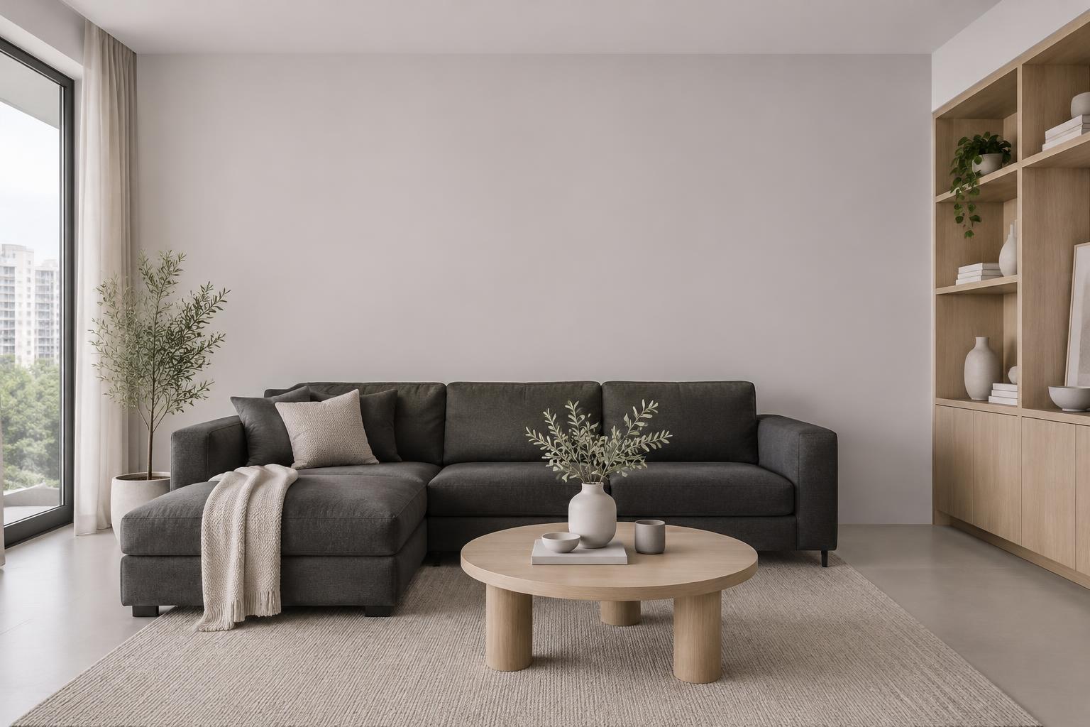 HDB living room with charcoal sofa and oak shelving painted in Gush Yammy NE034A, showing the shade in natural Singapore daylight