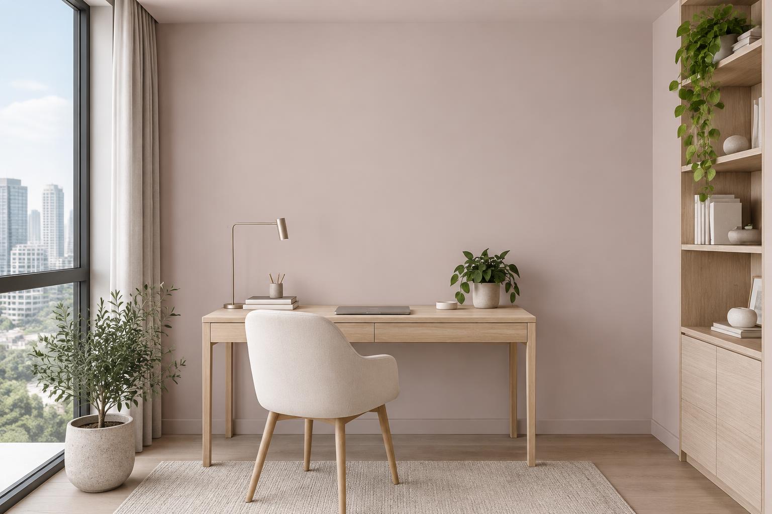 Condo home study with pale oak desk painted in Gush Freckled NE035B, showing the shade in natural Singapore daylight