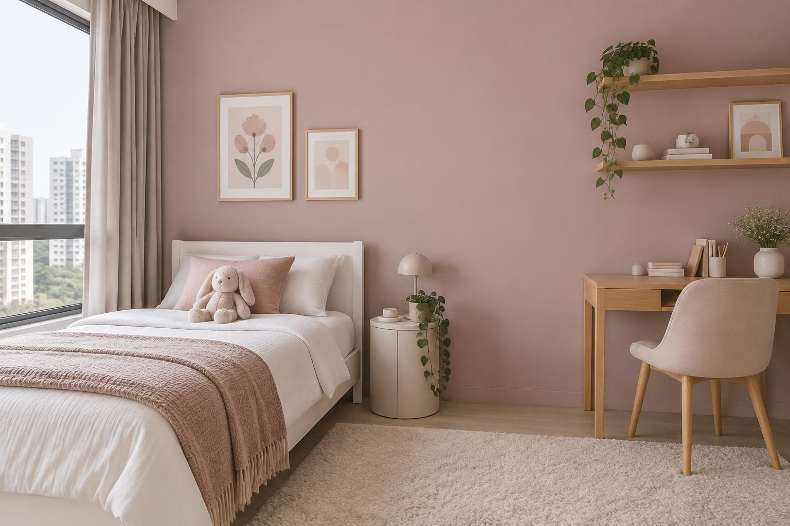 HDB girl's bedroom with white bed and oak desk painted in Gush Kittykat NE037B, showing the shade in natural Singapore daylight
