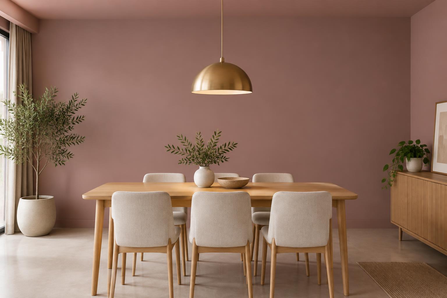 HDB dining room with oak table and brass pendant painted in Gush Vineyard NE041C, showing the shade in natural Singapore daylight